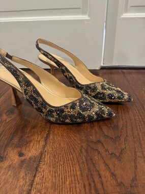 Betsey Johnson Black & Gold Leopard Print Beaded Slingback Heels